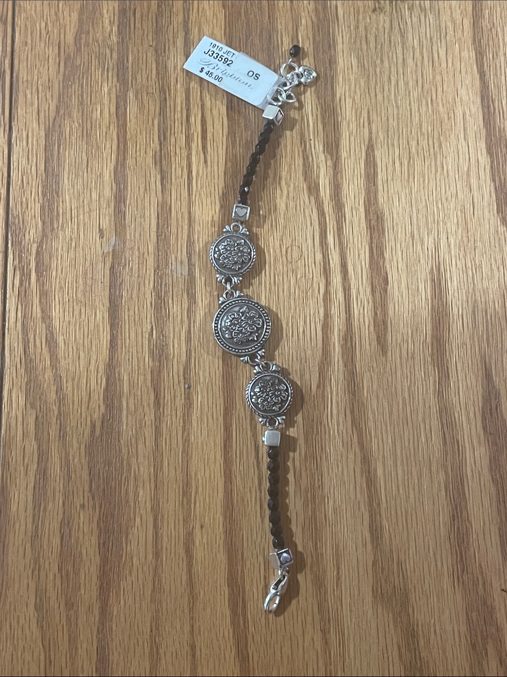 Brighton Silver-Tone Floral Medallion Bracelet in Black and Silver
